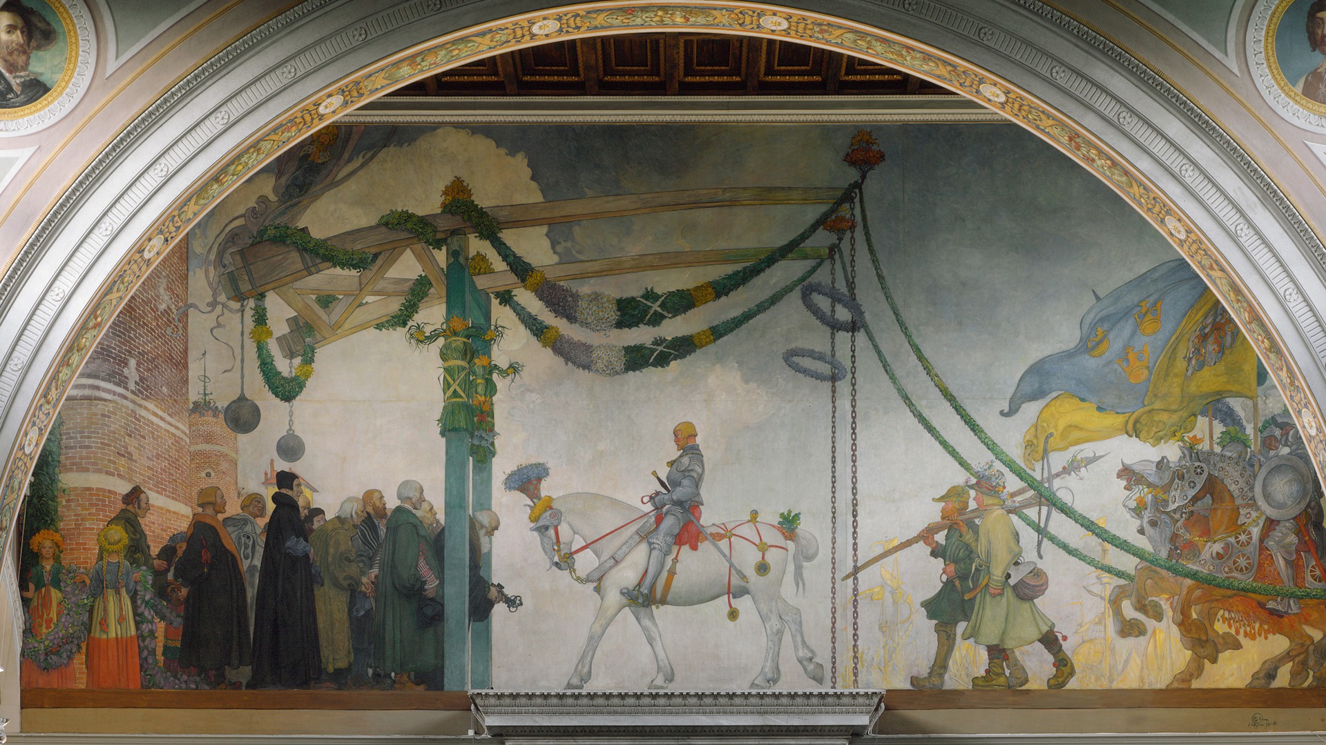 Målning föreställande Gustav Vasas intåg i Stockholm 1523, Gustav Vasa på vit häst och folkmassor runt omkring.