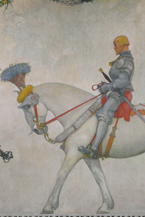 Närbild målning föreställande Gustav Vasa med blont hår och rustning, sittande på häst.