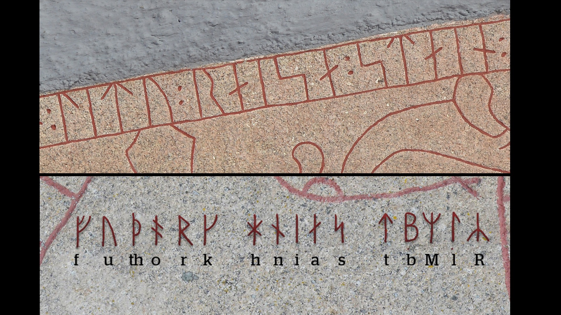 Bildkollage, övre bilden sten med runor. Nedre bilden runor och vilka bokstäver de representerar.
