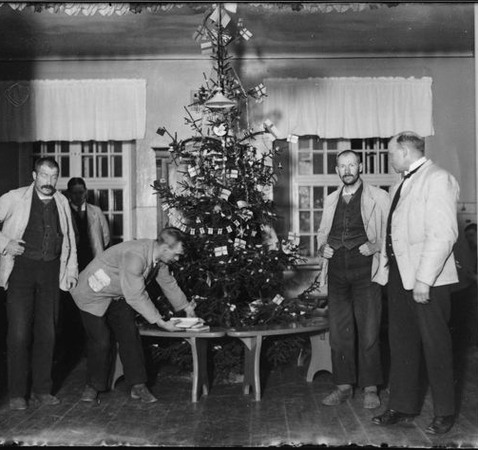Fem män framför en klädd julgran