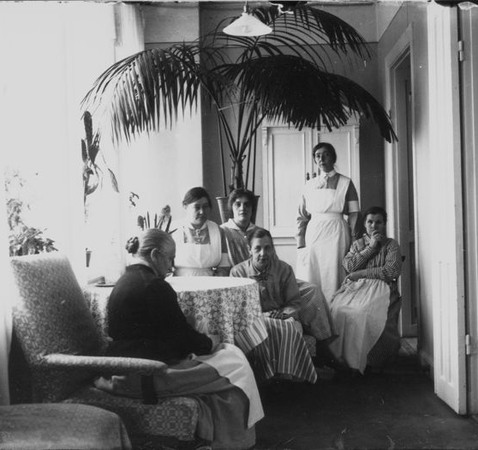 Personal och patienter vid ett bord framför en stor palm