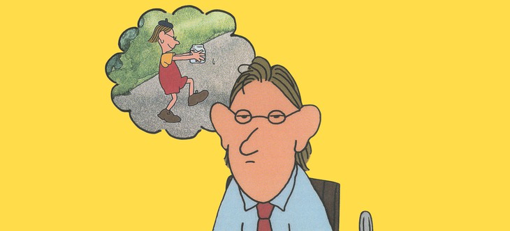 Tecknad bild med farbror och tankebubbla