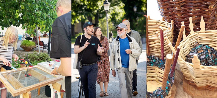 collage tre bilder - fönsterrenovering, guidad stadsvandring, korgbindning