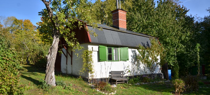 Vit stuga med träd runt omkring