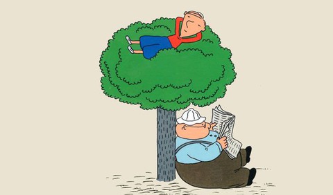 Tecknad bild på pojkei träd och farbror som läser tidningen