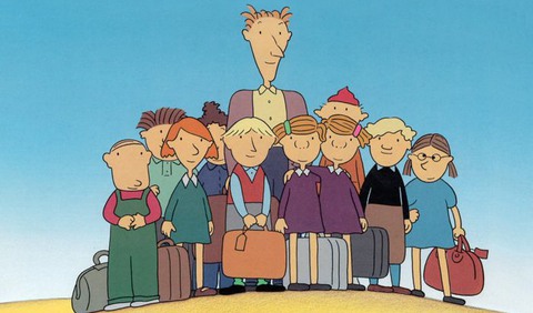 Tecknad bild på grupp med barn och en vuxen man