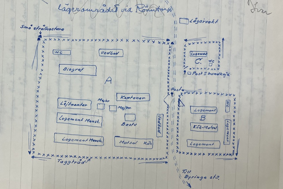 Handritad karta äver Byringe, interneringsläger för sovetiska soldater under andra världskriget.