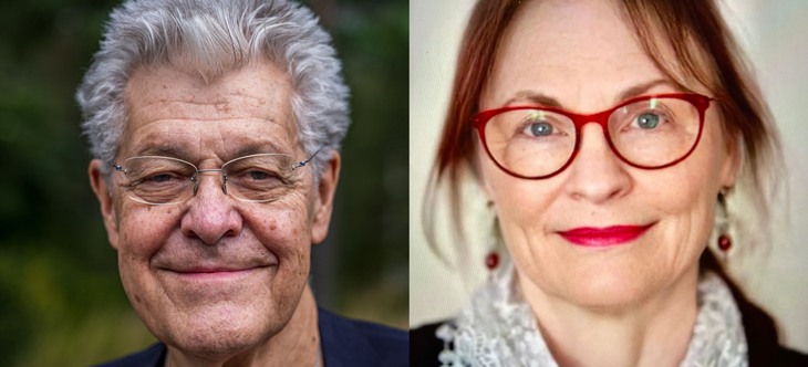 En tvådelad bild - den ena på en gråhårig man, den andra på en rödhårig kvinna med röda glasögon och rött läppstift