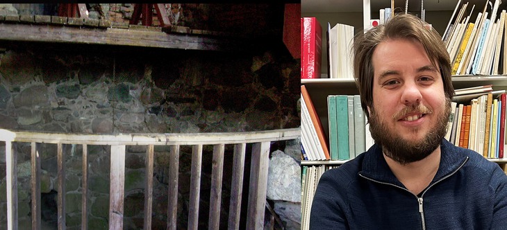 En tvådelad bild - den ena visar staketet till en fängelsehåla, den andra en leende ung man framför en bokhylla