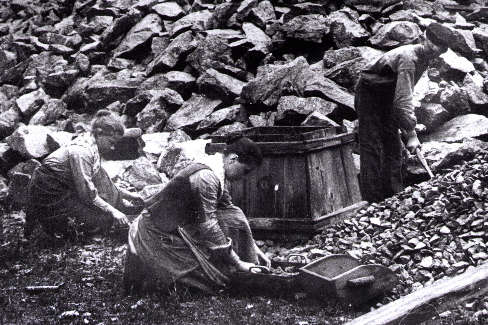 Tre unga personer sorterar malm.