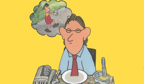 Tecknad bild på farbror med tankebubbla