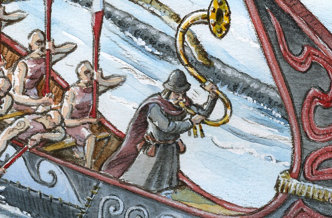 Detalj av illustration över bronsåldersbåt.