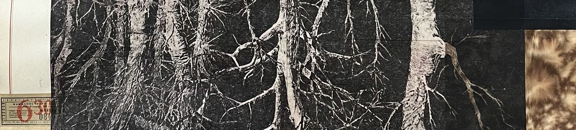 Del av konstverk, collage med ansikten och text.