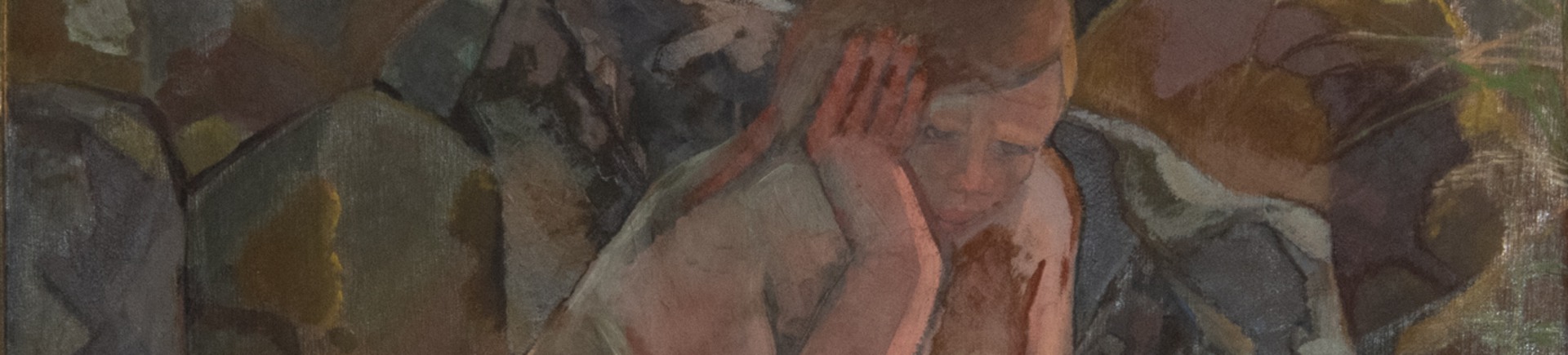 Målning i grå-blå nyanser föreställande tre vargar som går bredvid varandra