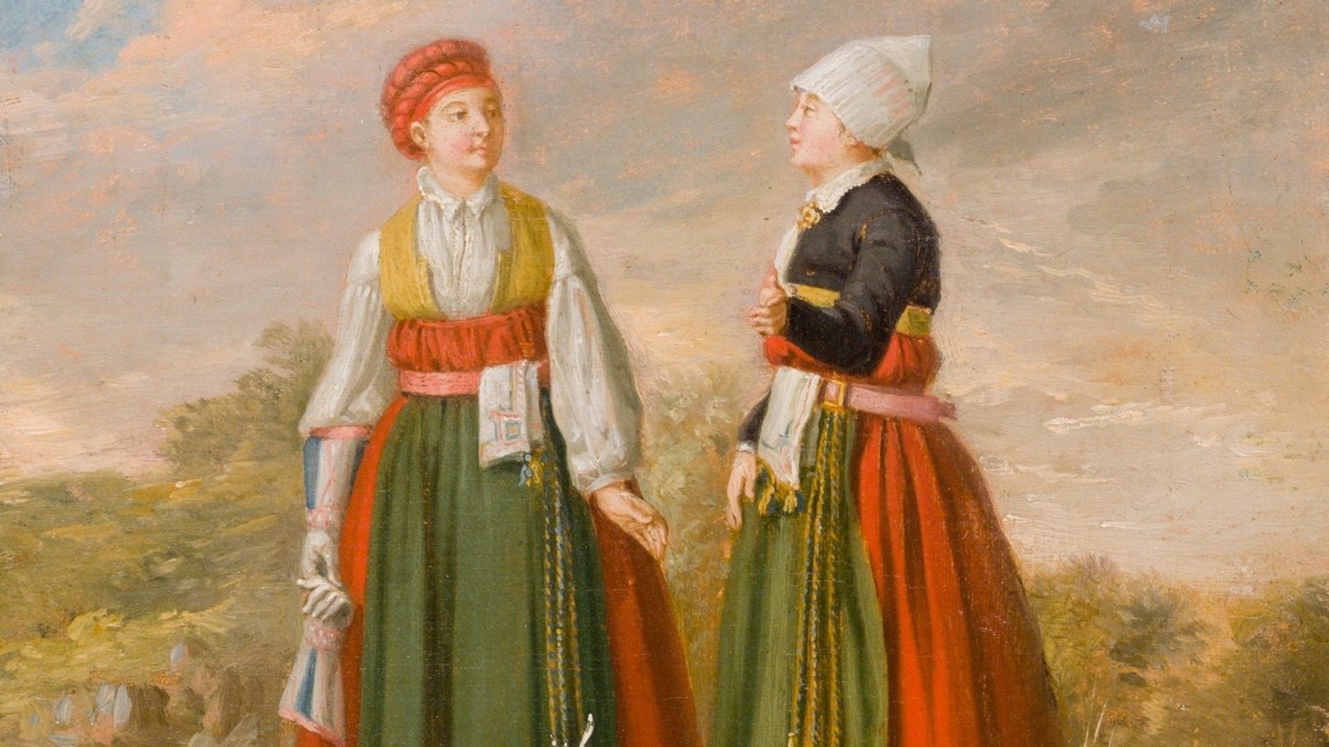 En målning på två kvinnor i folkdräkt