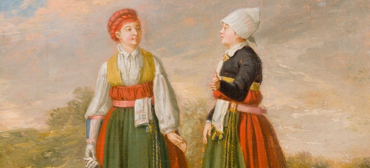 En målning på två kvinnor i folkdräkt