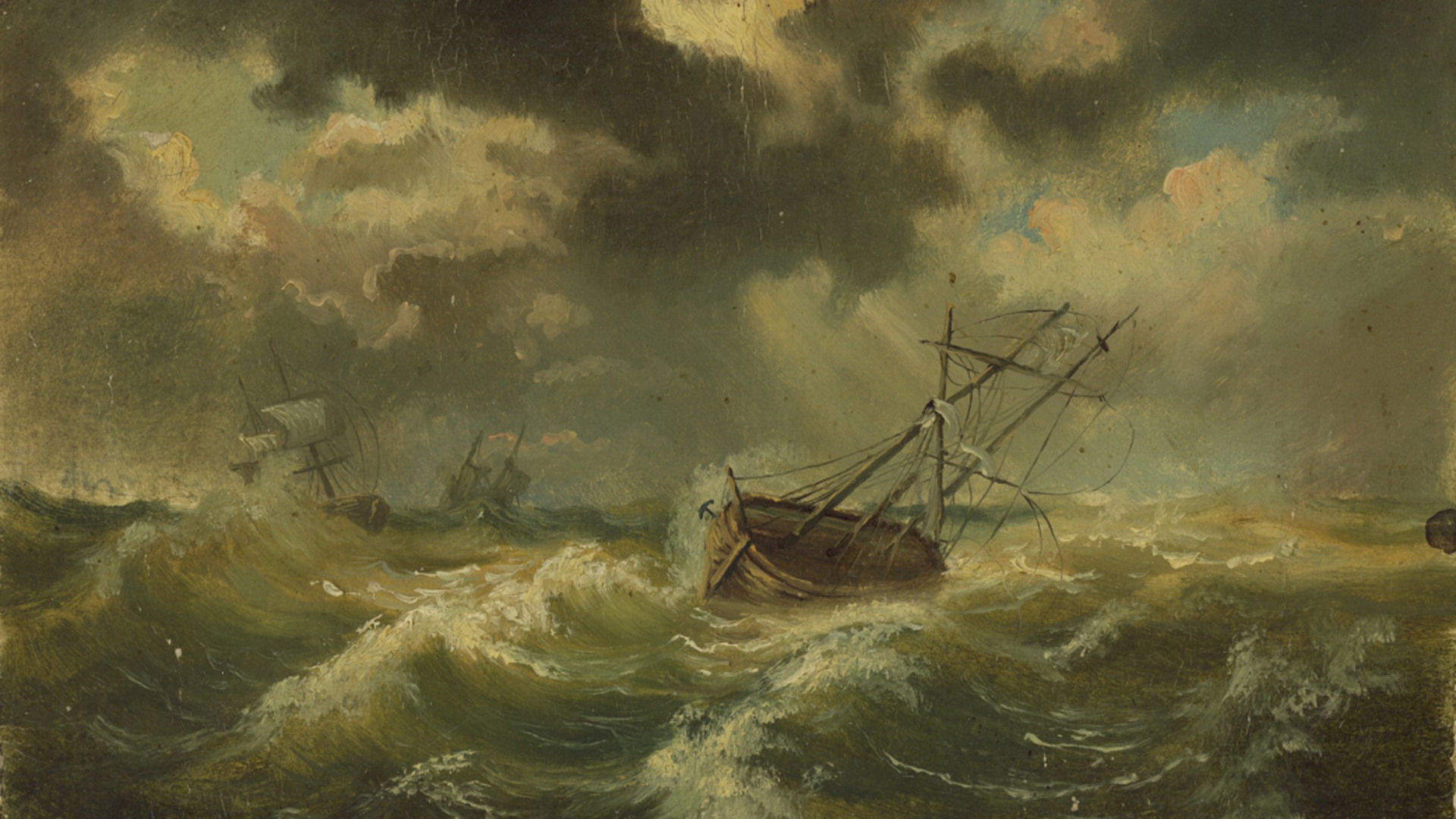 En målning av ett segelskepp i sjönöd