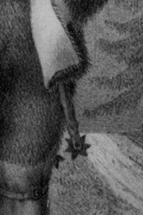 Detalj på Svartvit teckning: Öjabussens vapen, en taggig knölpåk.