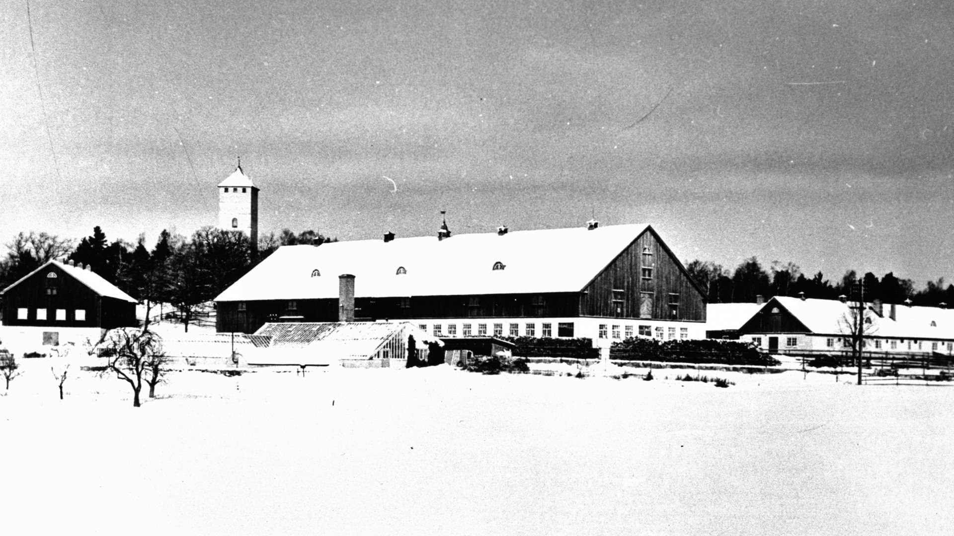 Strängnäs hospital bedrev även jordbruk, här syns jordbruksbyggnader. En kyrka syns i bakgrunden. 