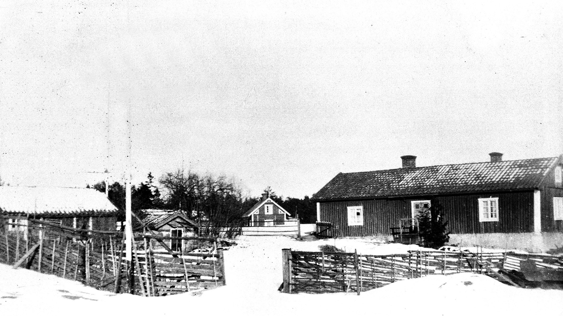 En gård på Ringsö, man ser fyra små hus och staketet. 