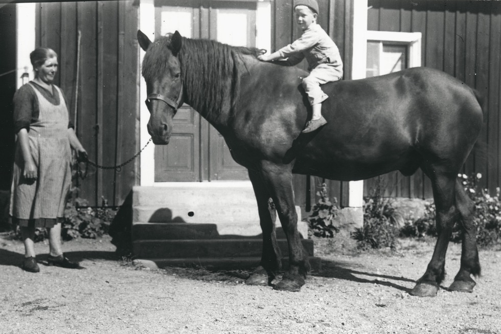 Ett barn sitter barbacka på en häst, en kvinna står framför och håller i tömmarna.