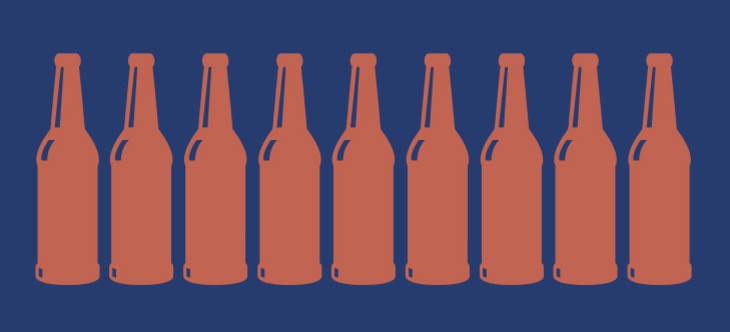 illustrerade röda ölflaskor på rad mot blå bakgrund