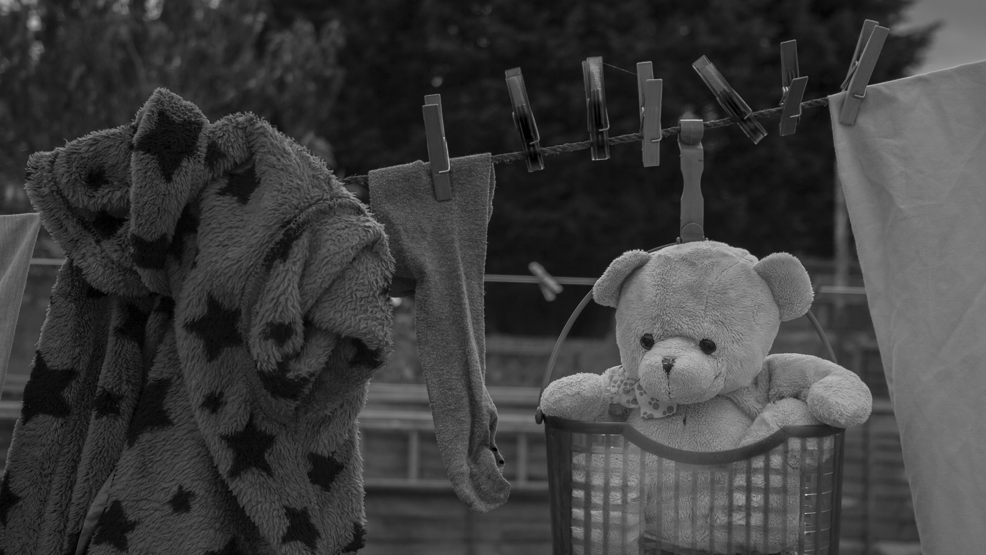 Ett klädstreck med upphängda kläder och en nalle i en korg