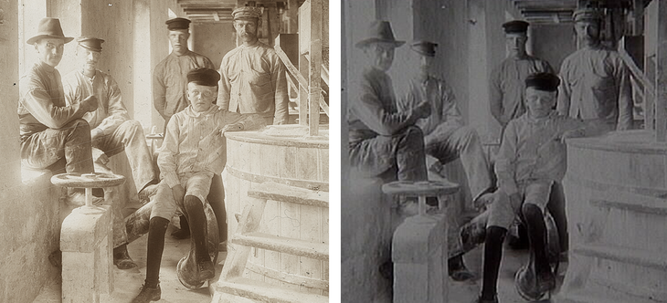 Två bilder som visar samma motiv: Arbetare, bland annat ett barn i en verkstadsmiljö. Till vänster har bilden skannats högupplöst, till höger en äldre, låggupplöst version.