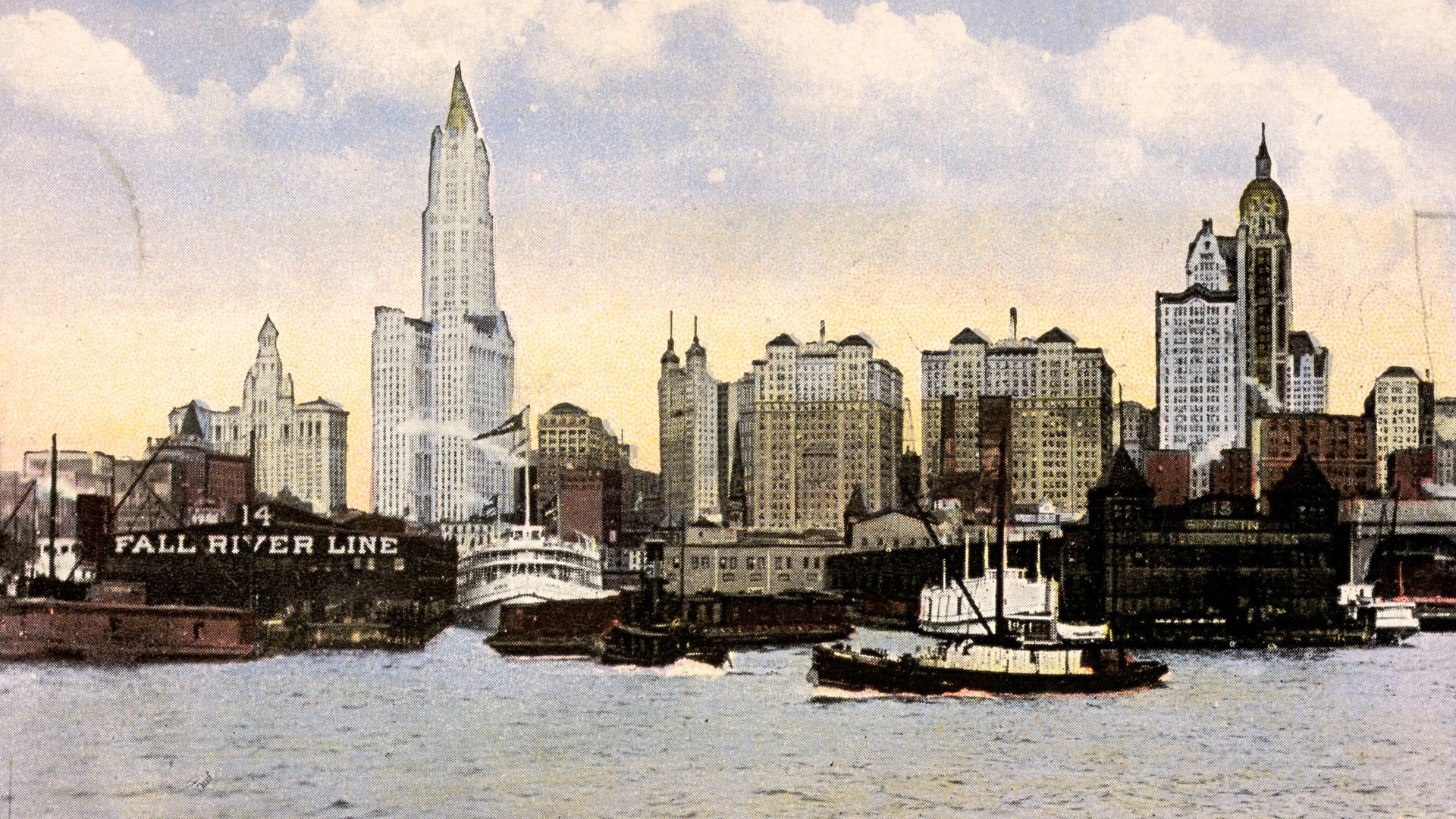 Ett vykort som visar New Yorks skyline.