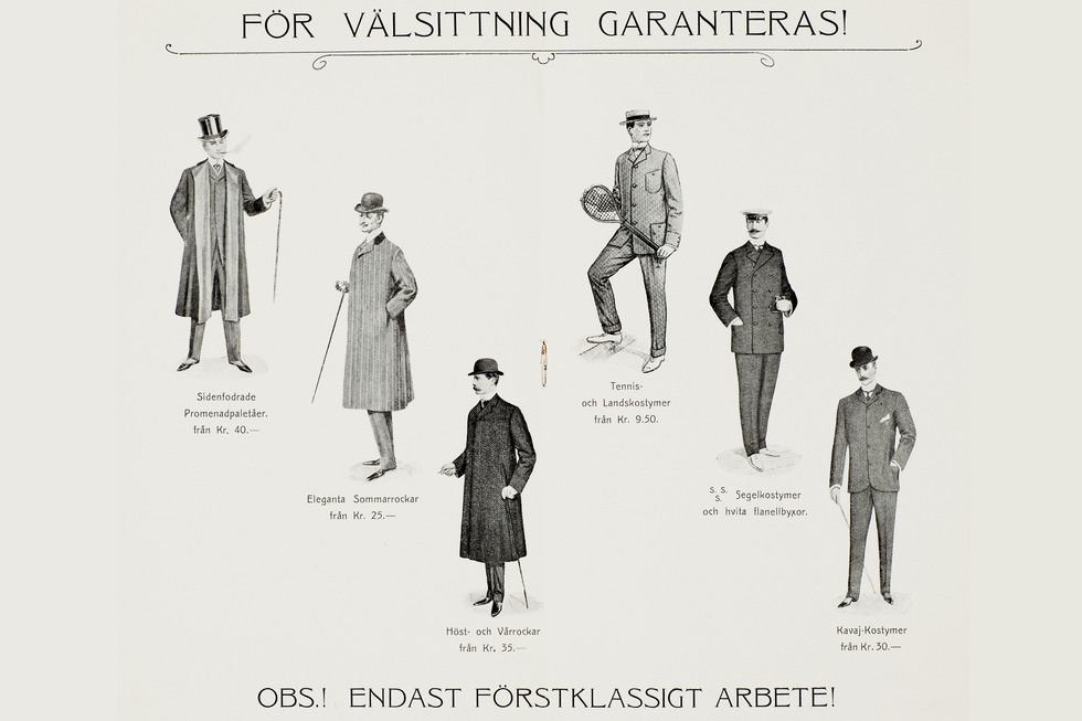 Annons för olika typer av herrkläder, till exempel kavaj kostar 30 kr. Från Nordiska kompaniet 1904.