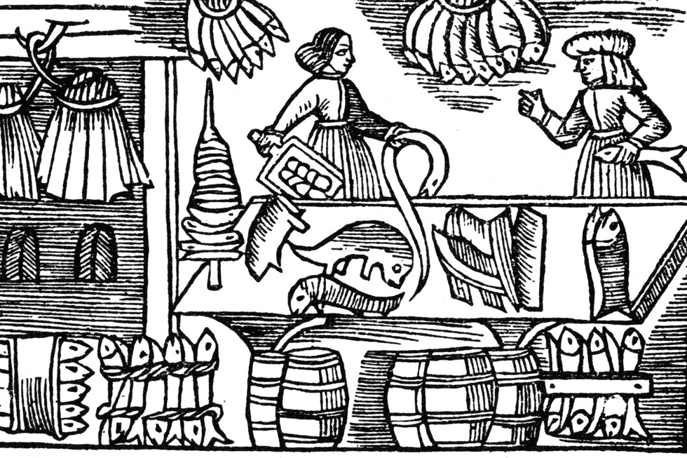 En teckning från 1555 som visar två människor, en av dem har en ål i handen.