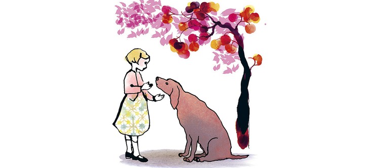 illustrerad flicka med stor hund under träd med rosa blad