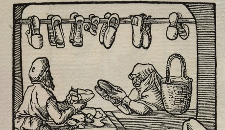 Illustration från 1500-talet, föreställande en skomakarbod med försäljning ut mot gatan.